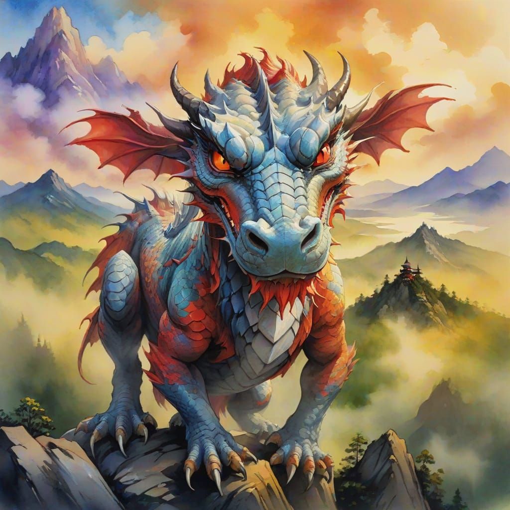 Wise Dragon on Misty Mountain as Ink Painting