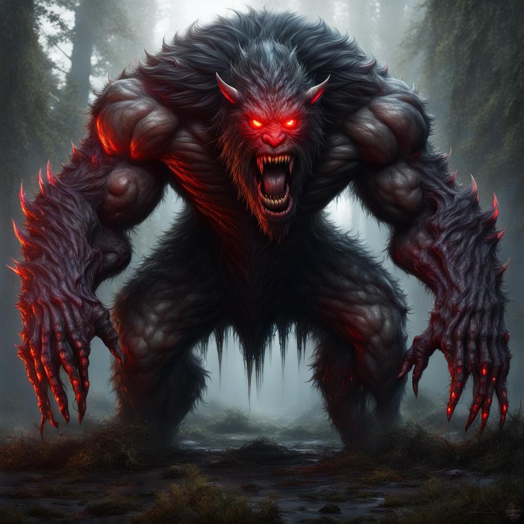 Muscular Hairy Monster with Glowing Eyes, Fantasy Art