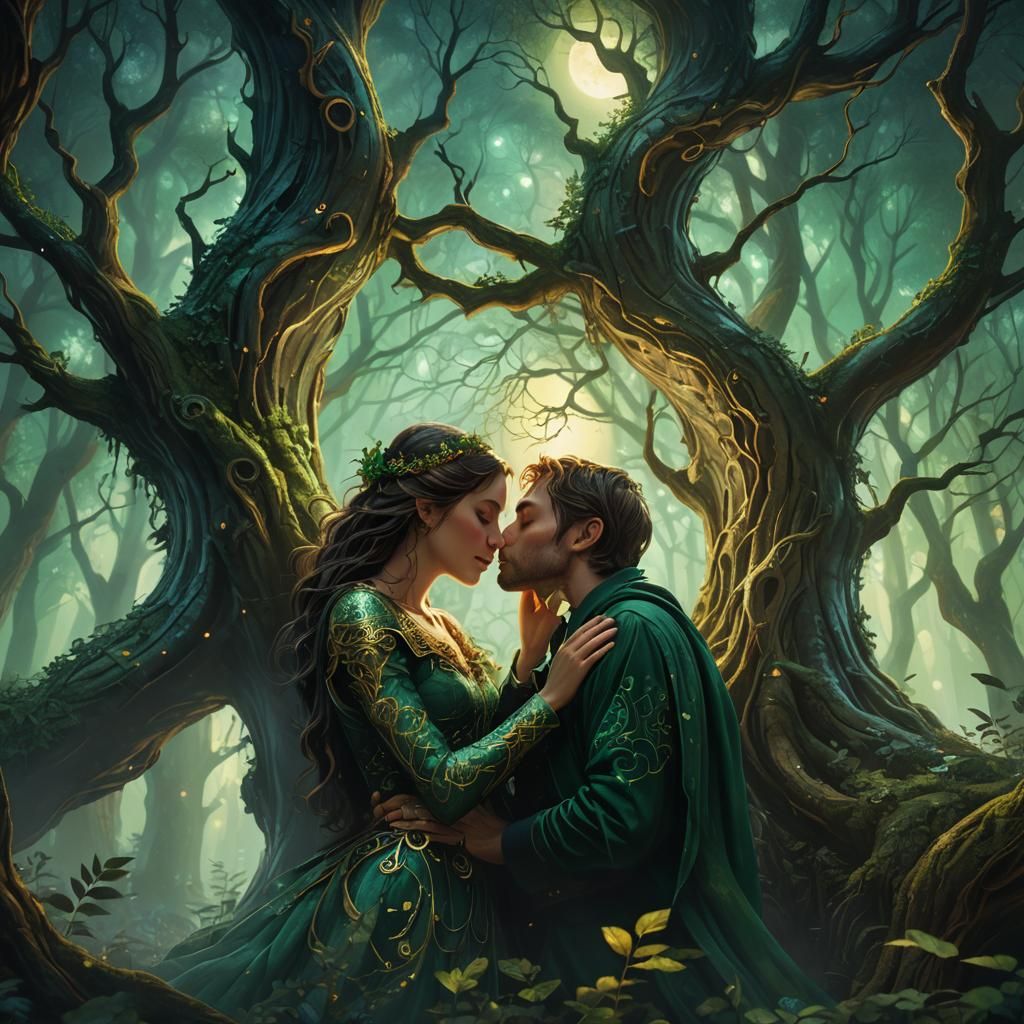 Lovers Kissing in Mystical Forest, Fantasy Art