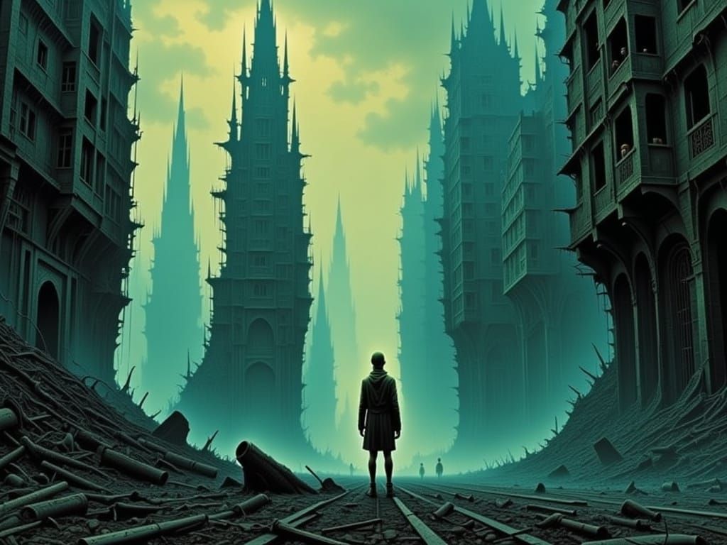 lone traveller in decaying cityscape