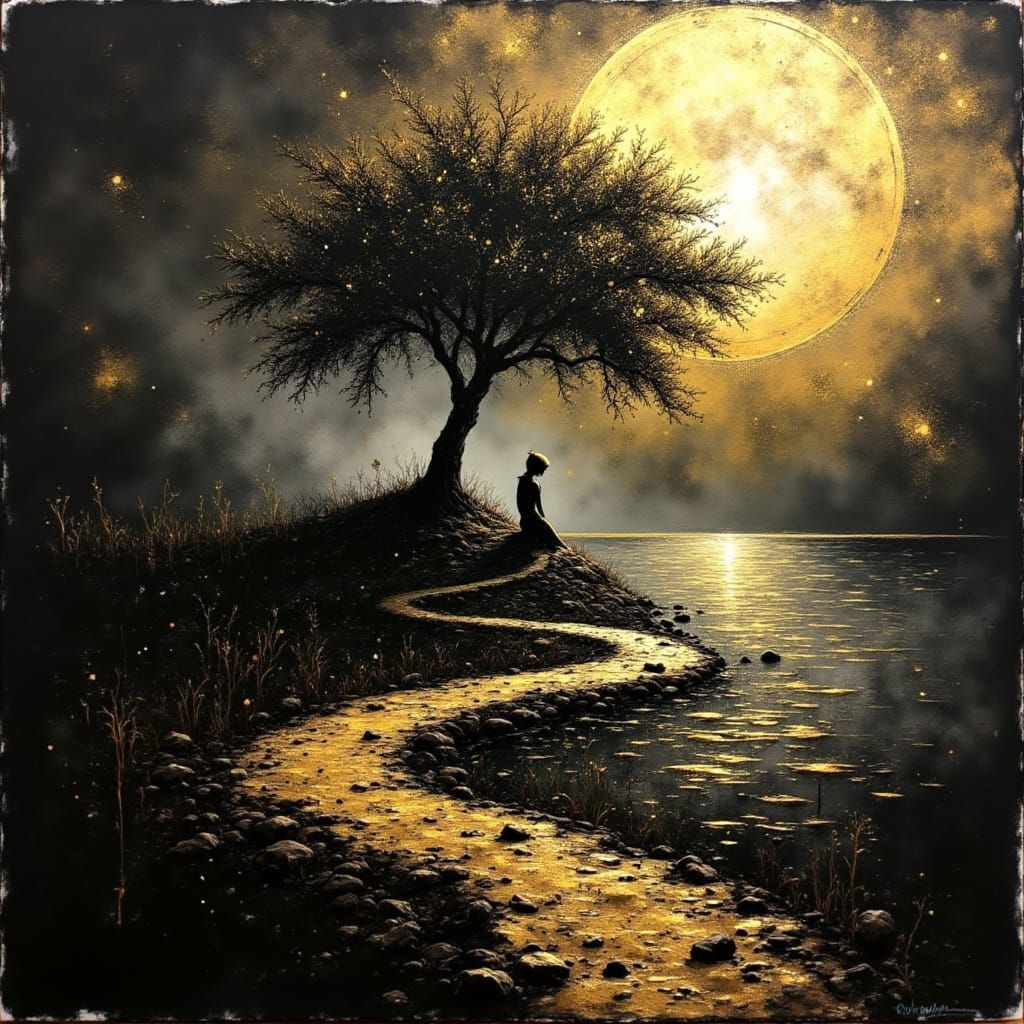 Golden Landscape Masterpiece on Black Canvas