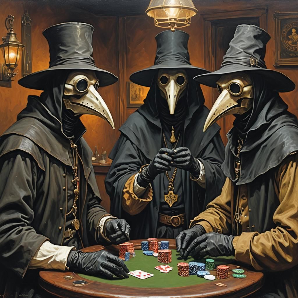 Plague Doctors Playing Poker as Oil Painting
