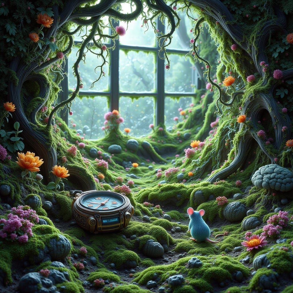 Weathered Watch in Overgrown Greenhouse: Painterly Realism