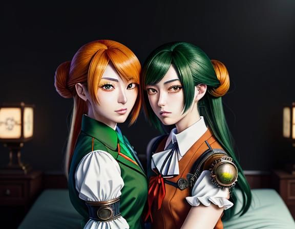 Twin Kemono Sisters Kissing in Steampunk Manga Style