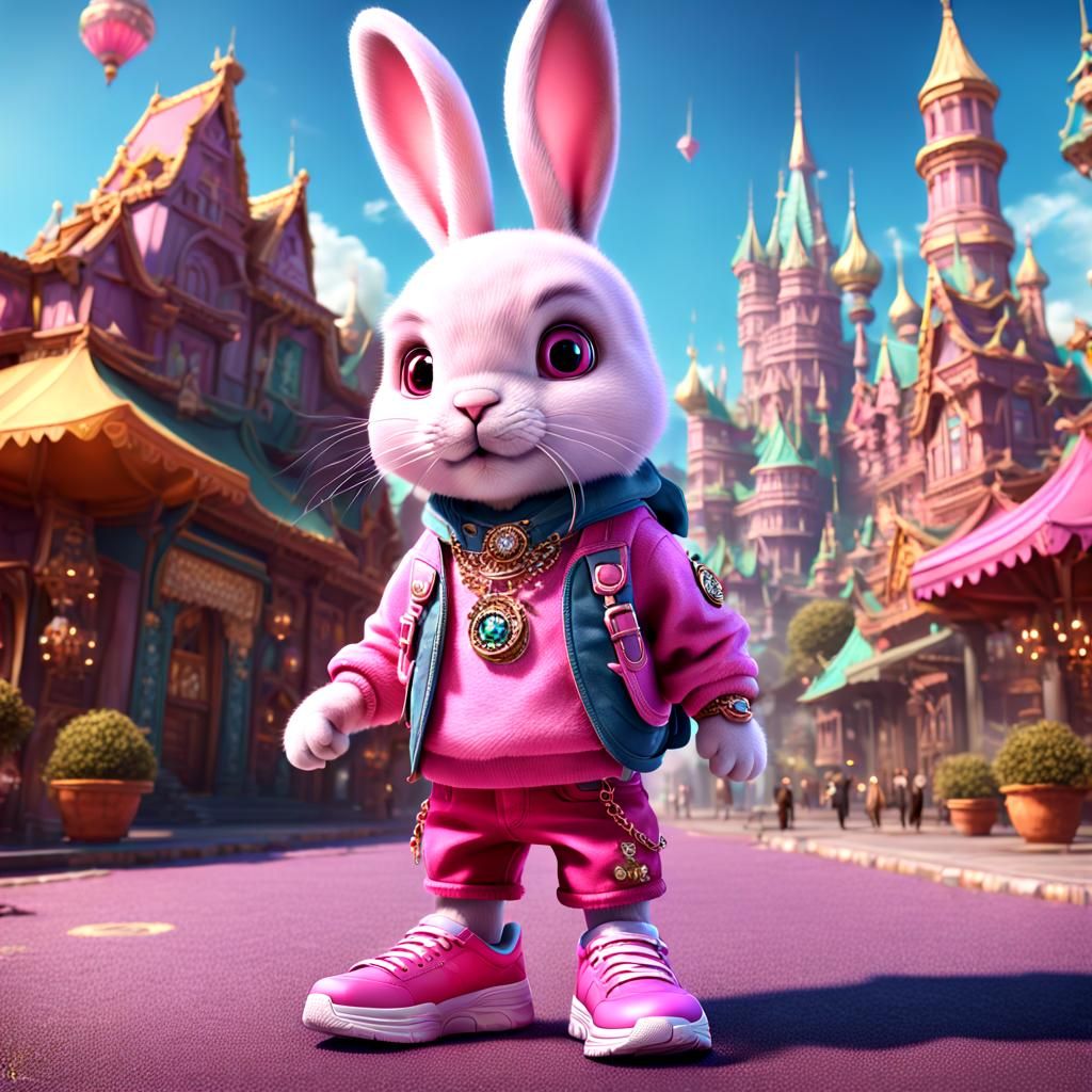 Pink Rabbit Character in Streetwear