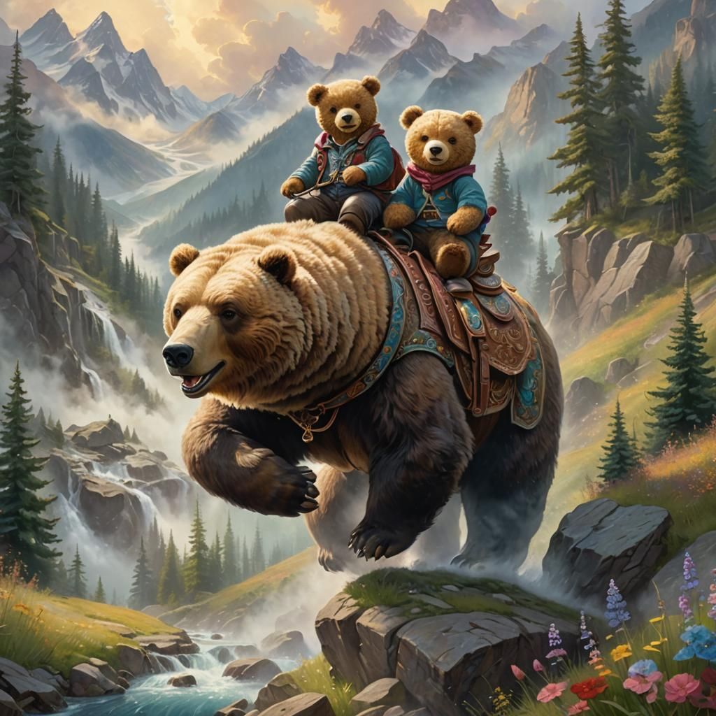 Teddy Bear Rides Grizzly in Mountain Meadow