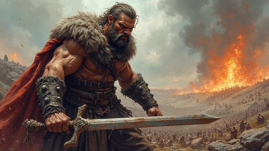 Battle-Scarred Barbarian Warrior in Fierce Battle Landscape