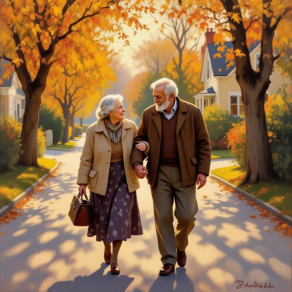 Elderly Couple Holding Hands in Golden Hour Light