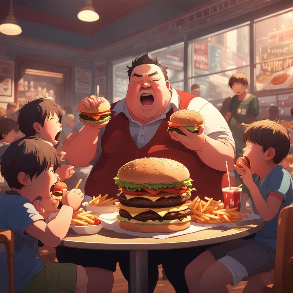 Fat Man Eating Burger, 3D Anime Art