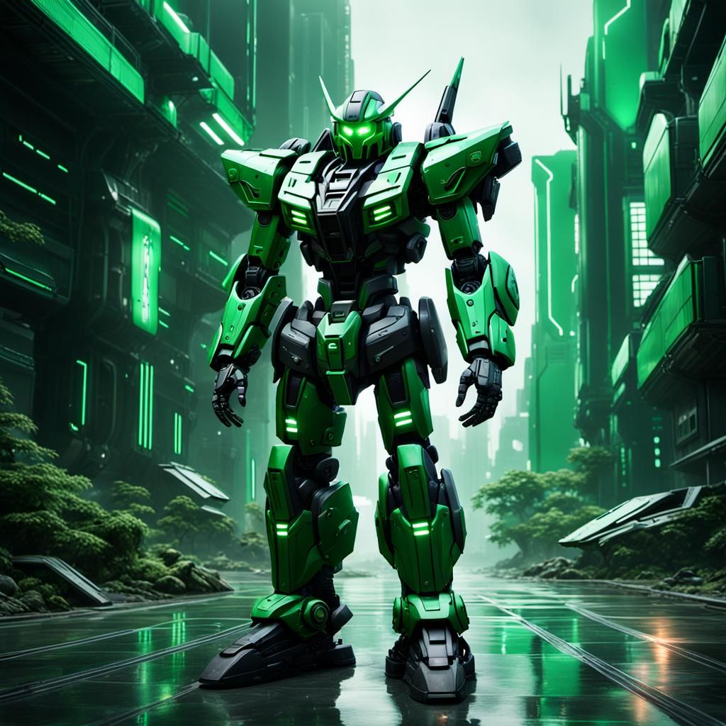 Futuristic Green and Black Gundam Mech Suit