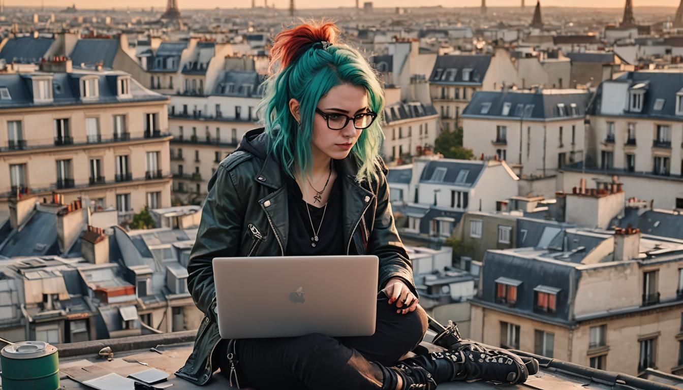 Punk Woman on Paris Rooftop at Sunset