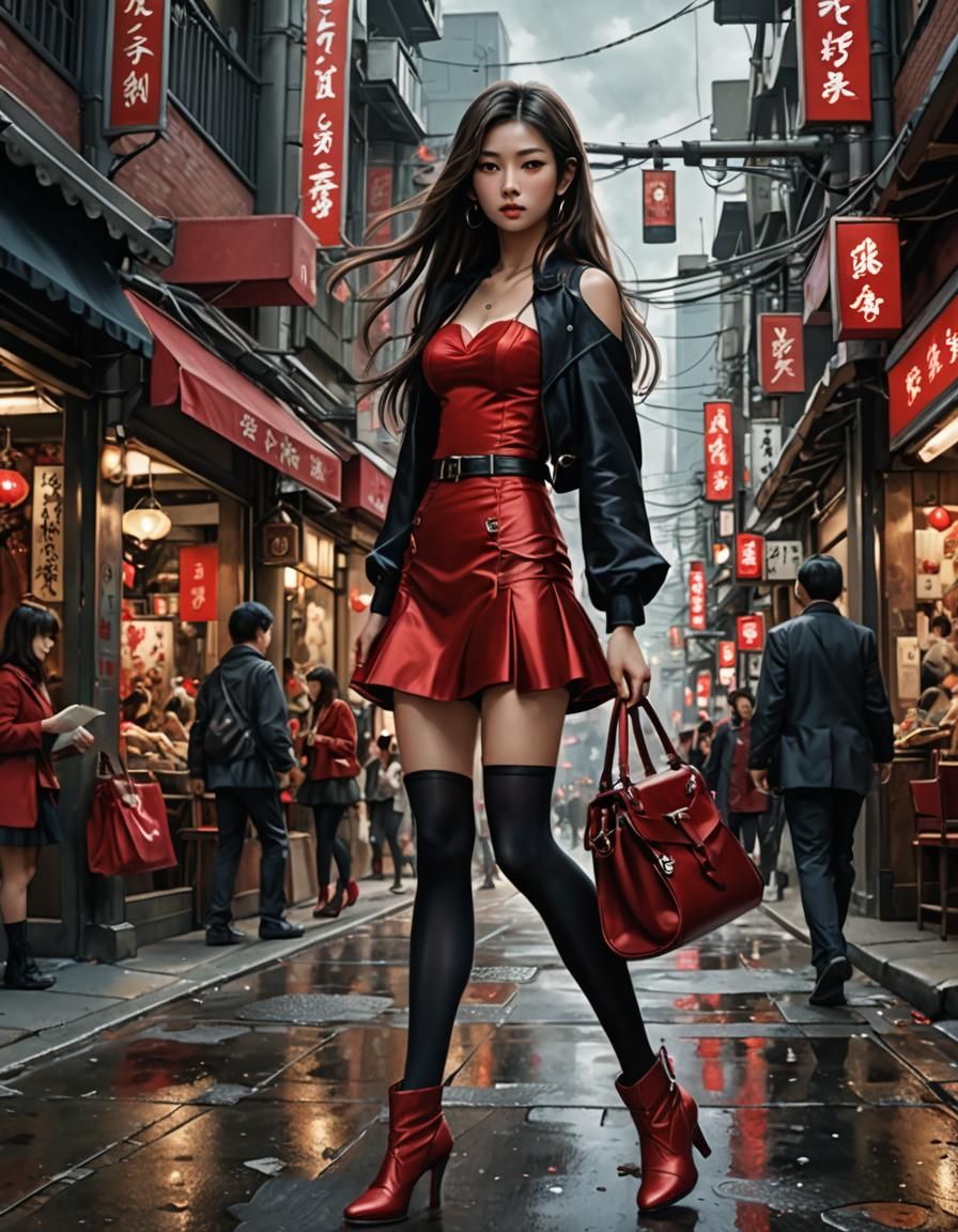 Japanese Girl in Red Satin on Busy Street