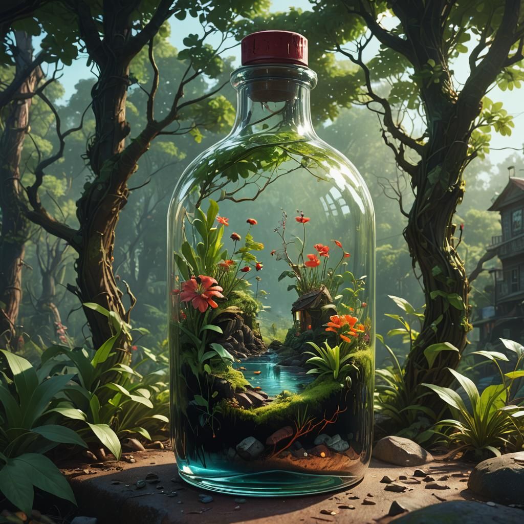 Miniature Ecosystem in Glass Bottle: Matte Painting