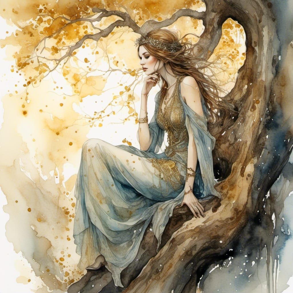 Mysterious Woman on Ancient Tree: Watercolor Art