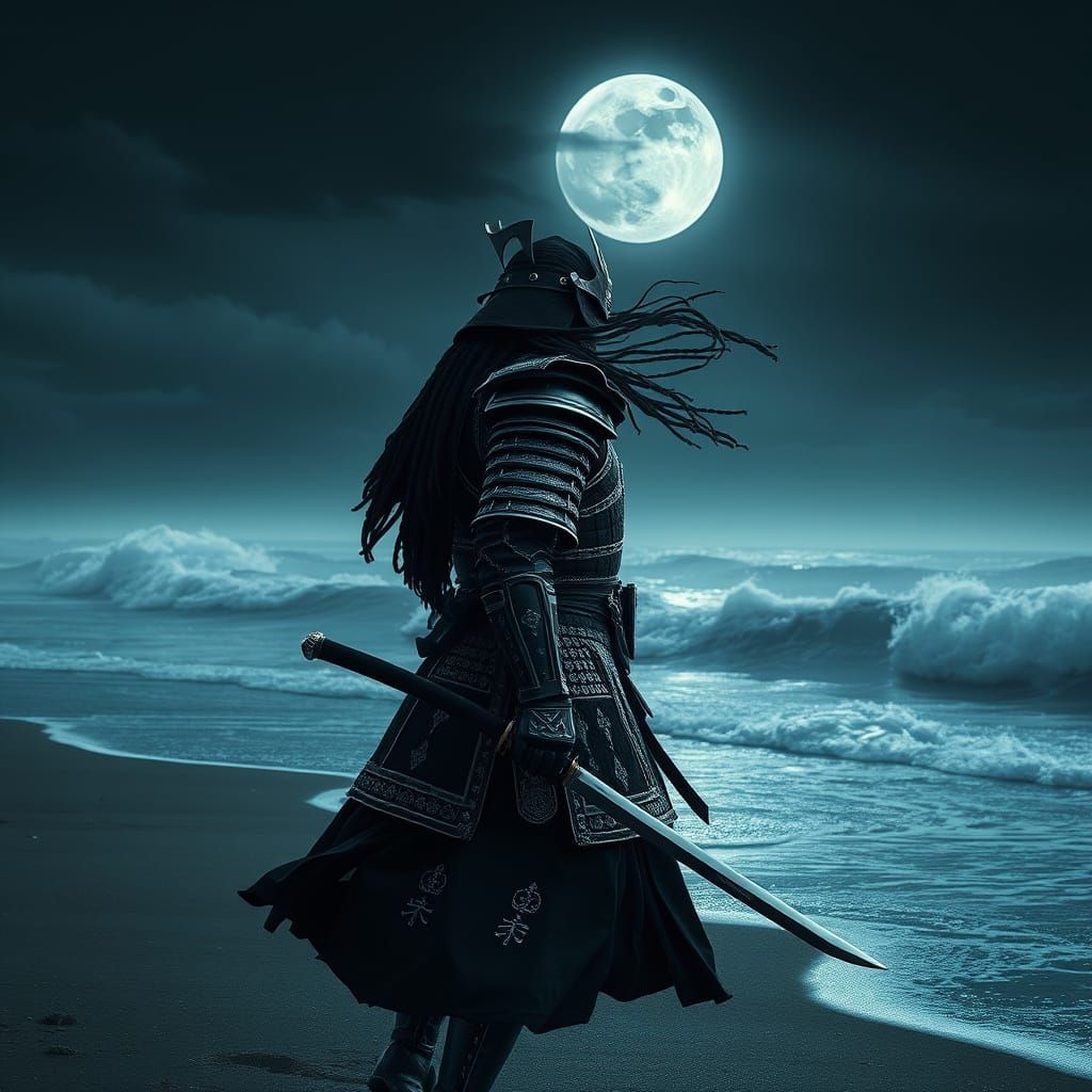 Epic Samurai Stands on Windswept Beach in Dark Fantasy Reali...