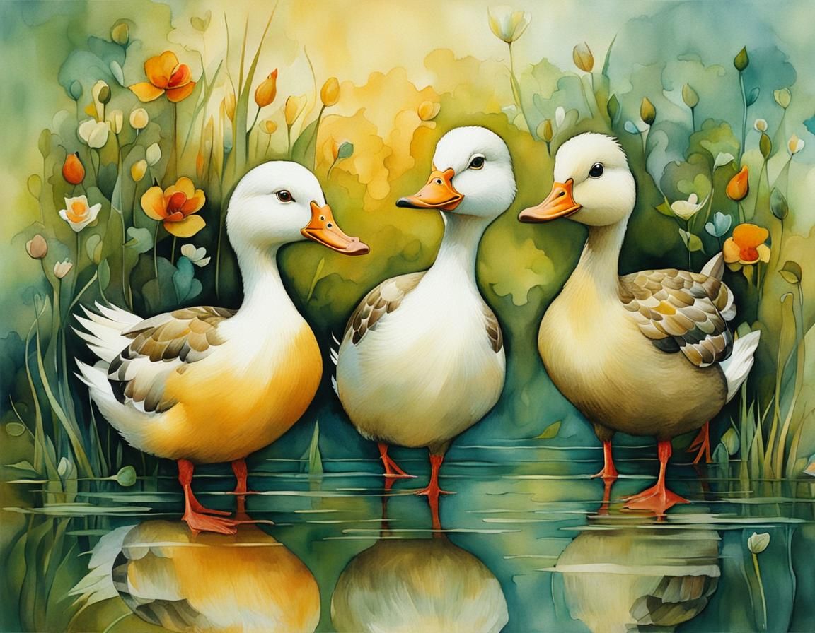 Whimsical Ducks in Magical Illustration Style