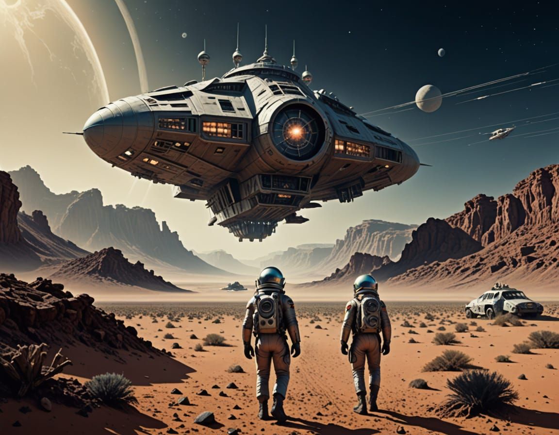 Vintage Sci-fi Astronaut at Derelict Spaceship in Alien Dese...