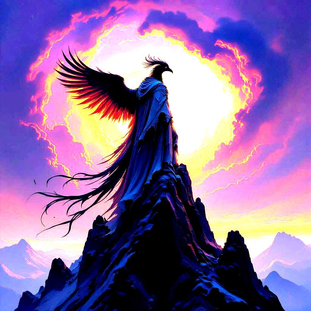 Phoenix on Obsidian Peak in Nebula Sky