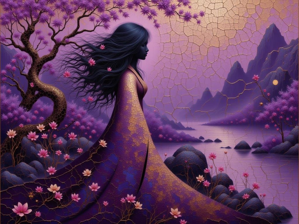 Elegant Purple Cat in Vietnamese Lacquer Art Style