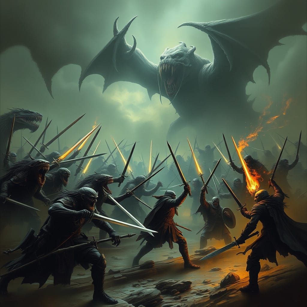 Swordsmen Clash with Shadowy Trollocs in Dark Fantasy Battle