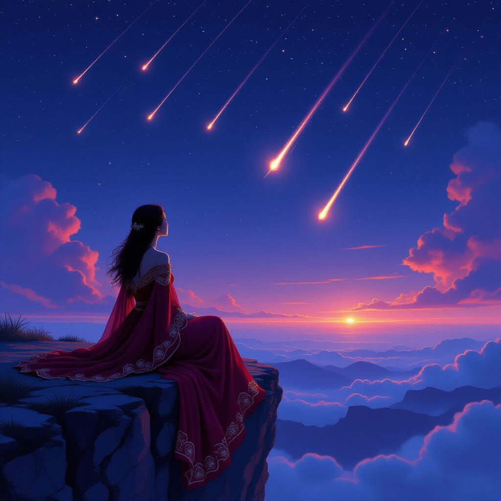 Woman Watching Meteors in Digital Painting Style
