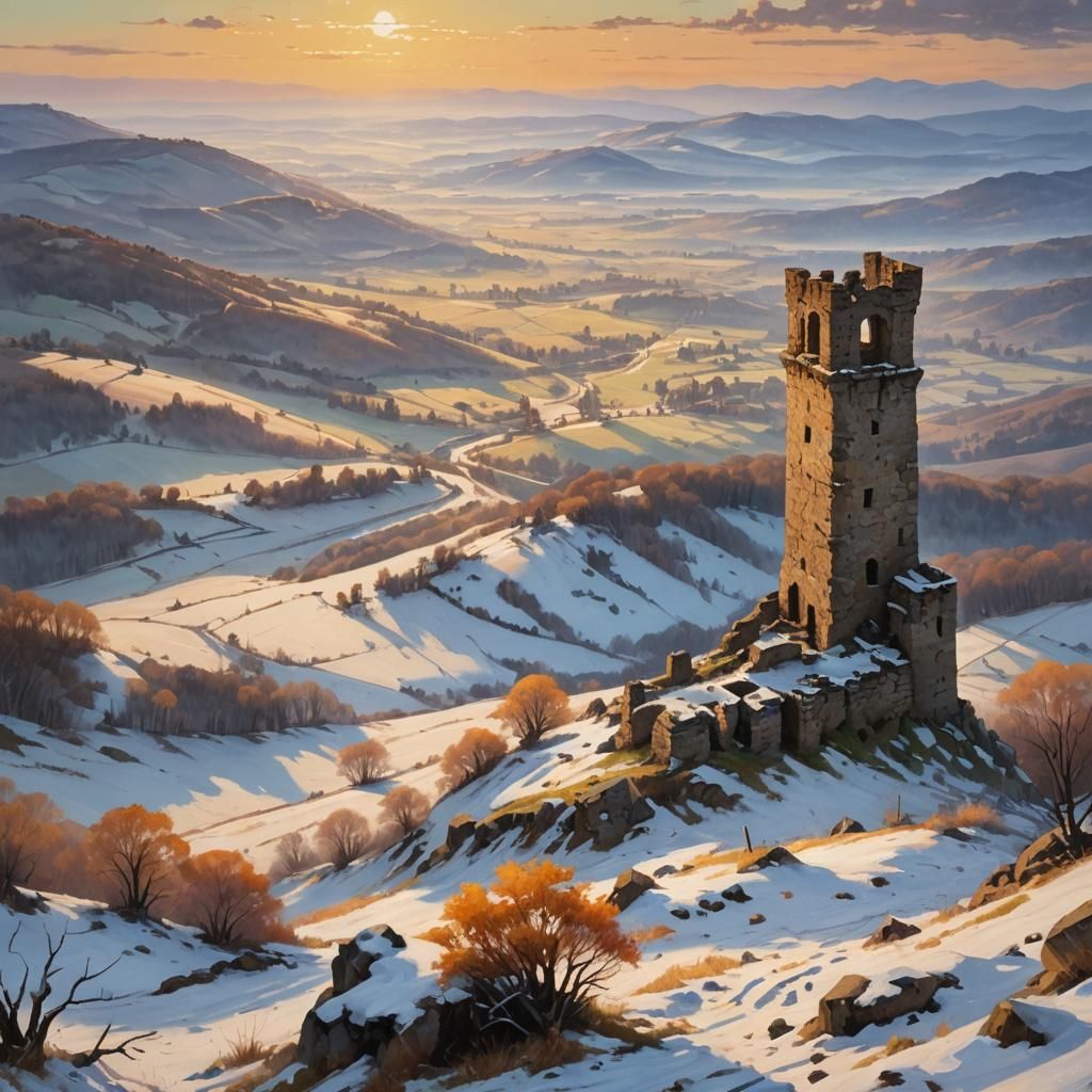 Ruined Tower Overlooking Valley: Oil Painting