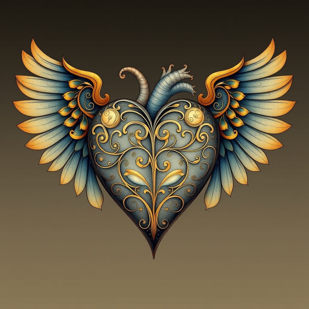 Art Nouveau Heart with Delicate Wings