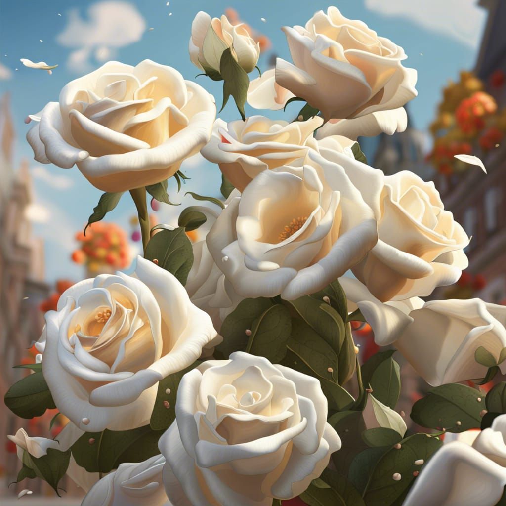 White Roses Falling in Town Square: Hyperrealistic Splash Ar...