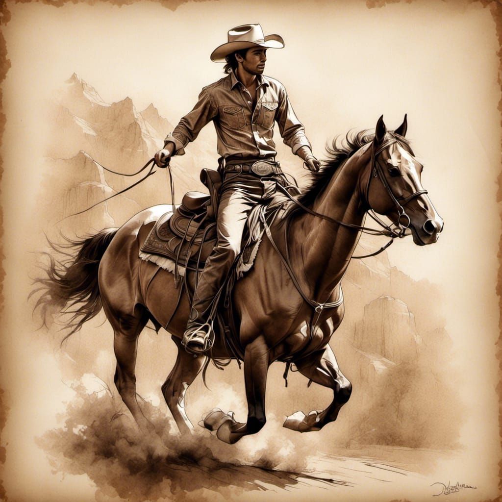Cowboy on Horseback: Parchment Paper Sketch