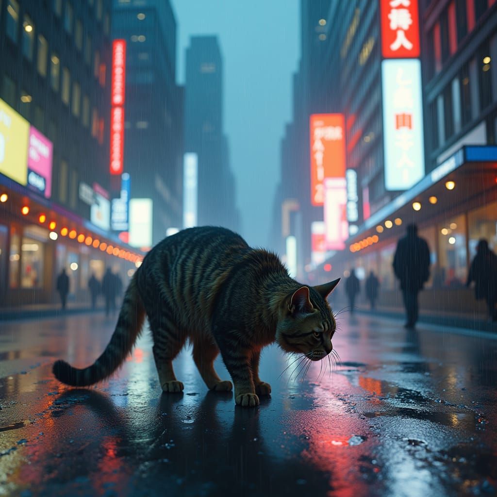 Disheveled Cat Walks Rainy Manhattan Street in Sci-Fi Style