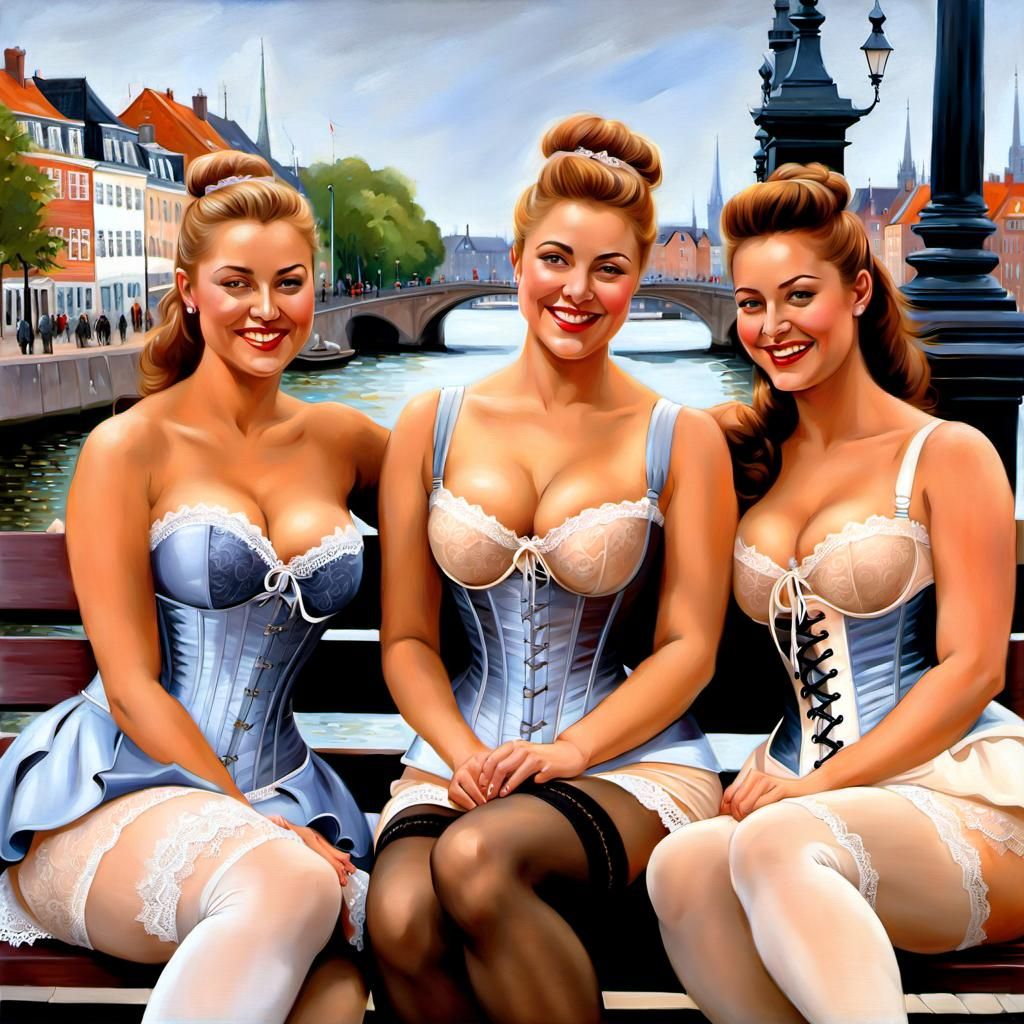 Three Danish Beauties in Victorian-Inspired Attire, Painted....