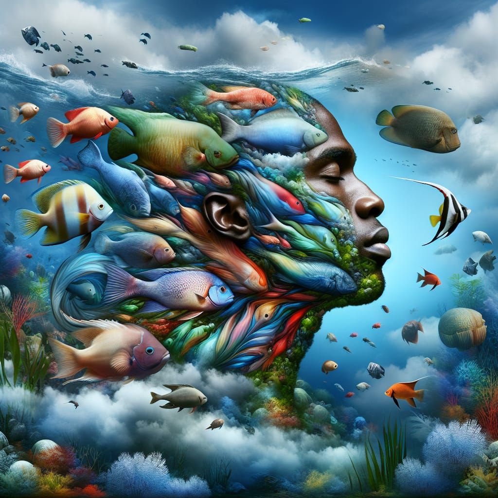 Underwater African Descent Man Merging with Fish