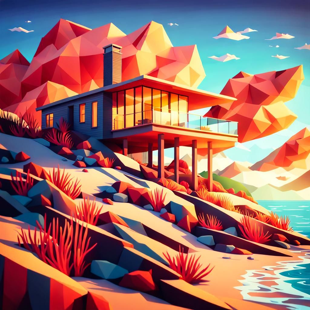 Cozy Beach House in Low-Poly Digital Art Style