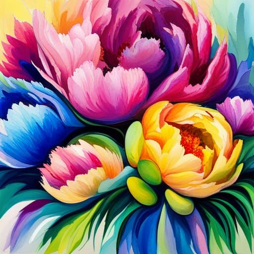 Rainbow Peonies Bouquet in Abstract Art Style