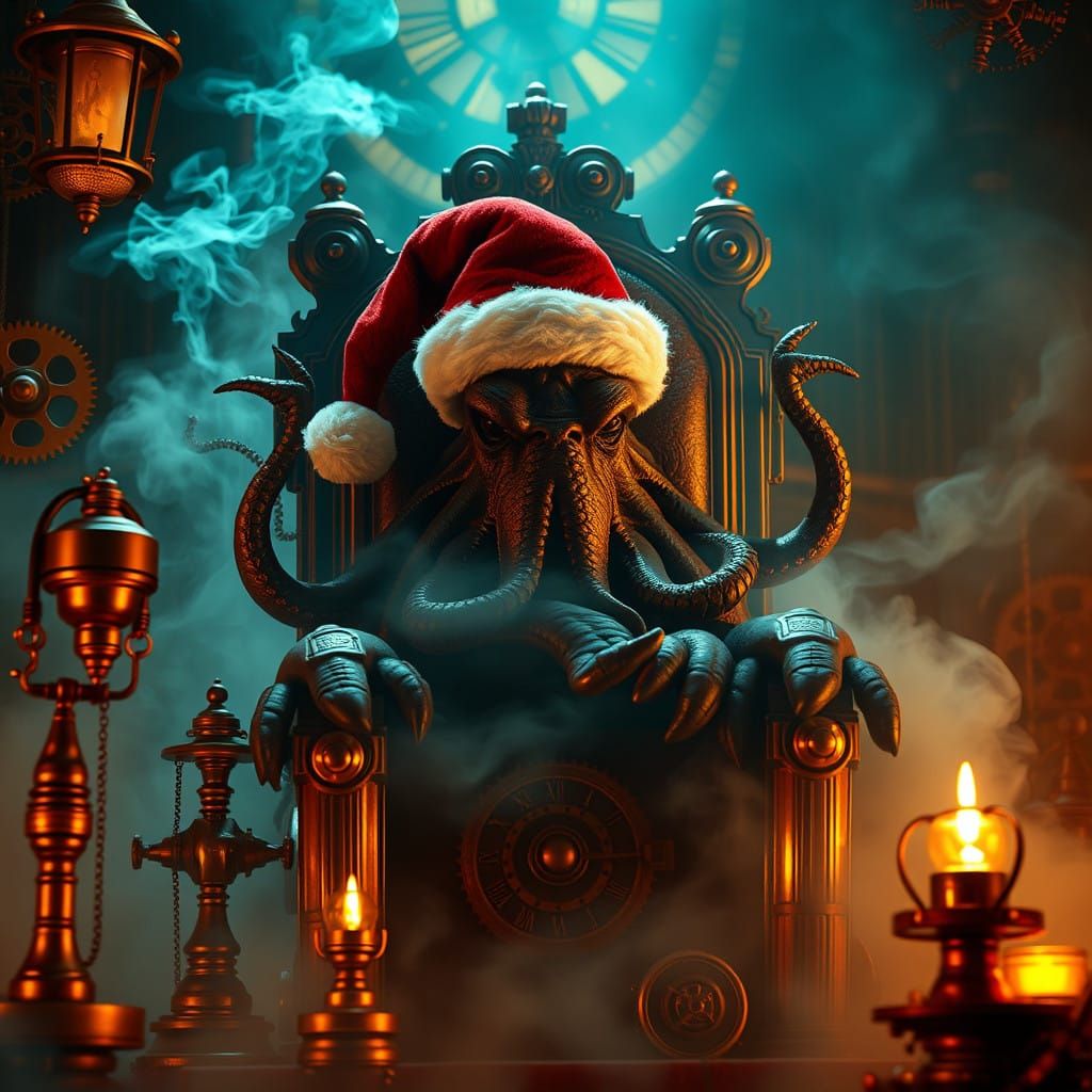 Ethereal Steampunk Lord Wears Santa Hat in Industrial Gothic...