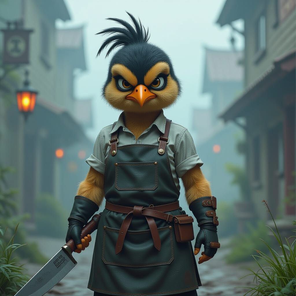Grumpy Chick with Knife in Cinematic Style