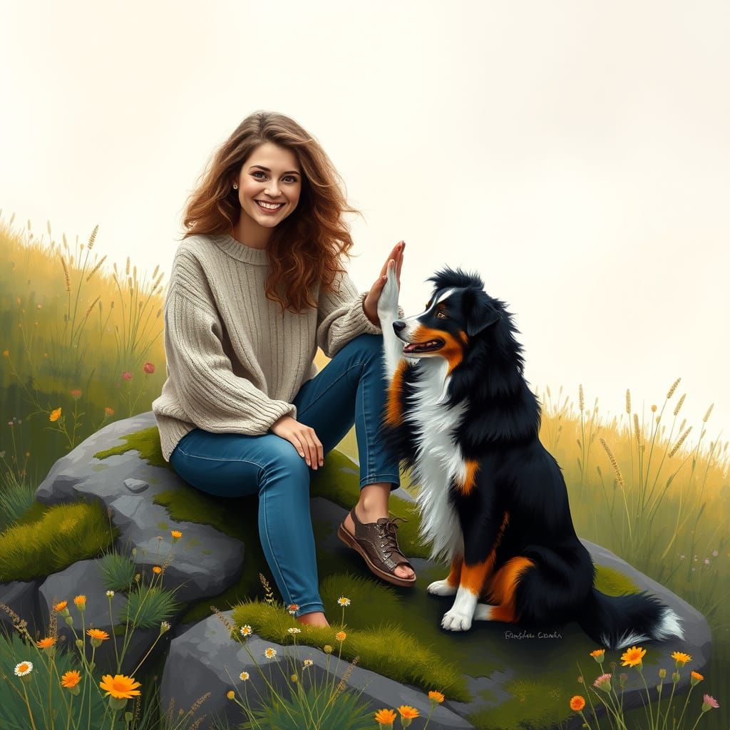 Woman and Dog in Meadow, Painterly Impressionism