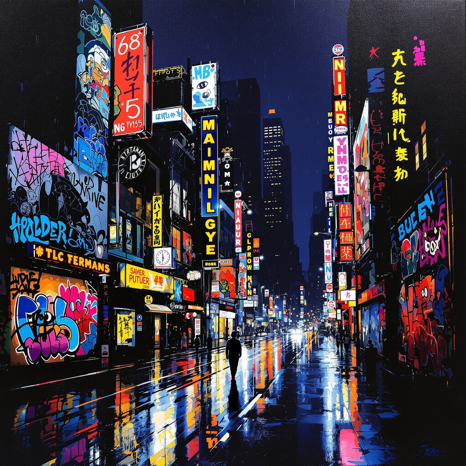 Cubist Cityscape: Graffiti Art & Neon Glow at Night