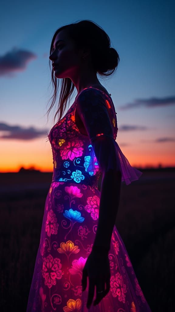 Neon Woman in Twilight Field, Hyperdetailed Art