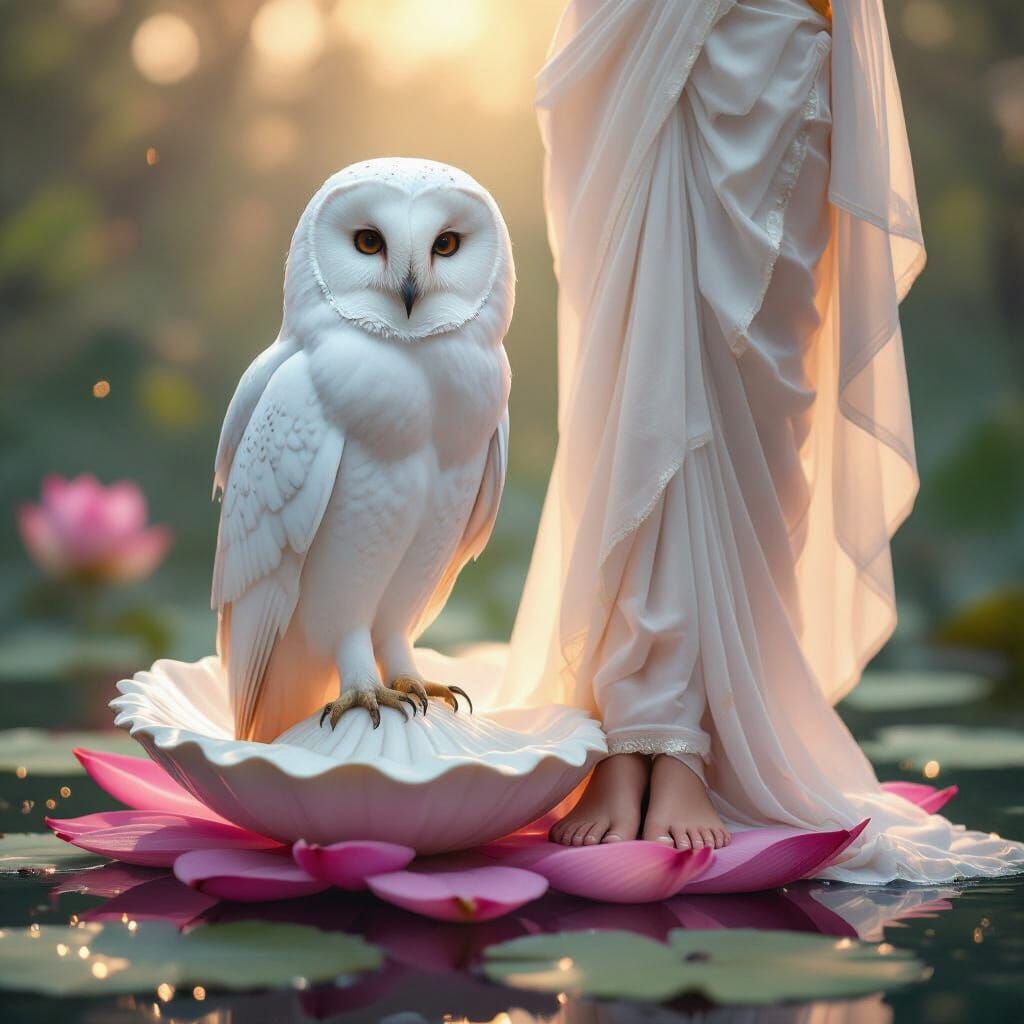 Majestic White Owl on Conch Shell with Divine Feet