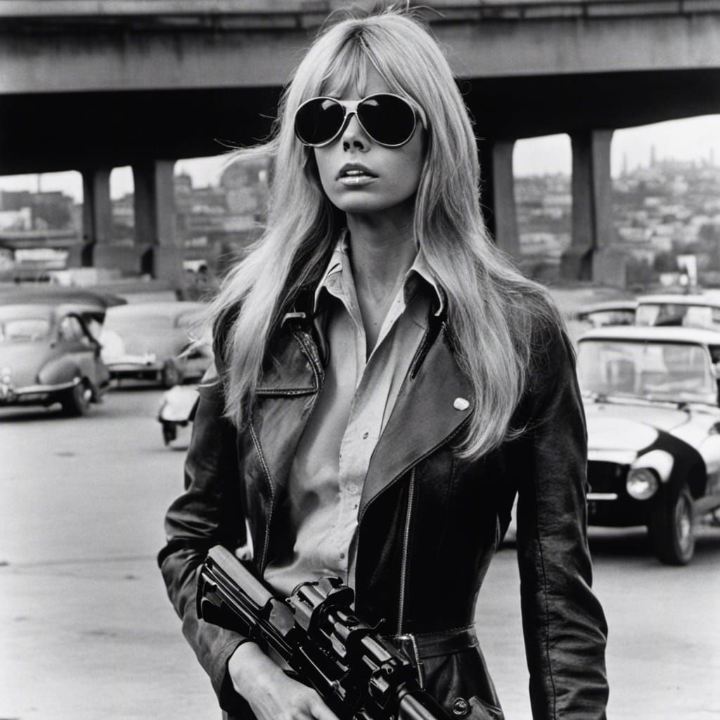 Woman with Sniper Rifle Overlooking City