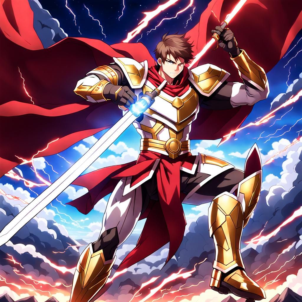 Anime Style Warrior with Lightning Sword Under Red Sky