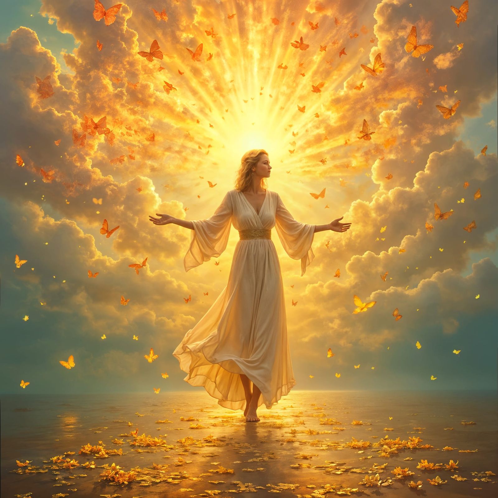 Radiant Figure Amidst Transforming Golden Flowers