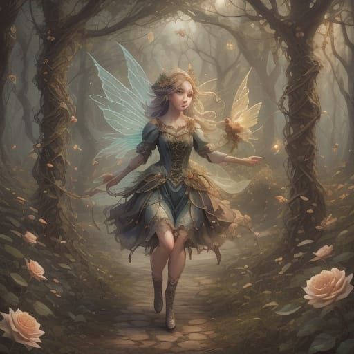 Fairy in Clockwork Forest, Dreamlike Watercolor