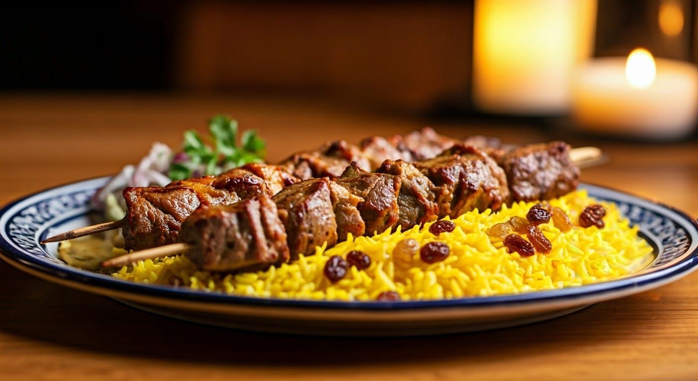 Grilled Meat Skewers with Saffron Rice