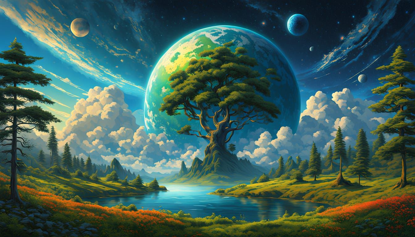 Lush Earth Floating in Starry Outer Space