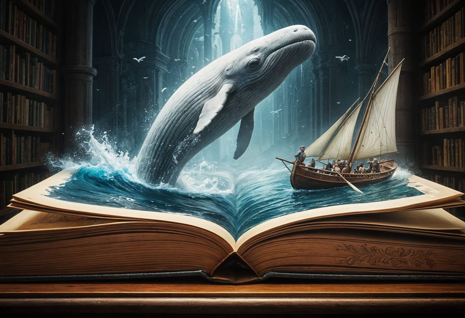 Sperm Whale Emerges from Whimsical Library Scene