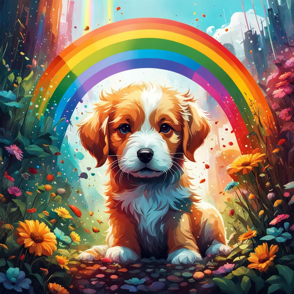 Rainbow Puppy Splash: Detailed Digital Art