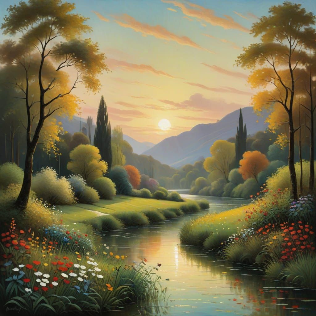 Surreal Landscape in Warm Golden Light with Majestic Mountai...