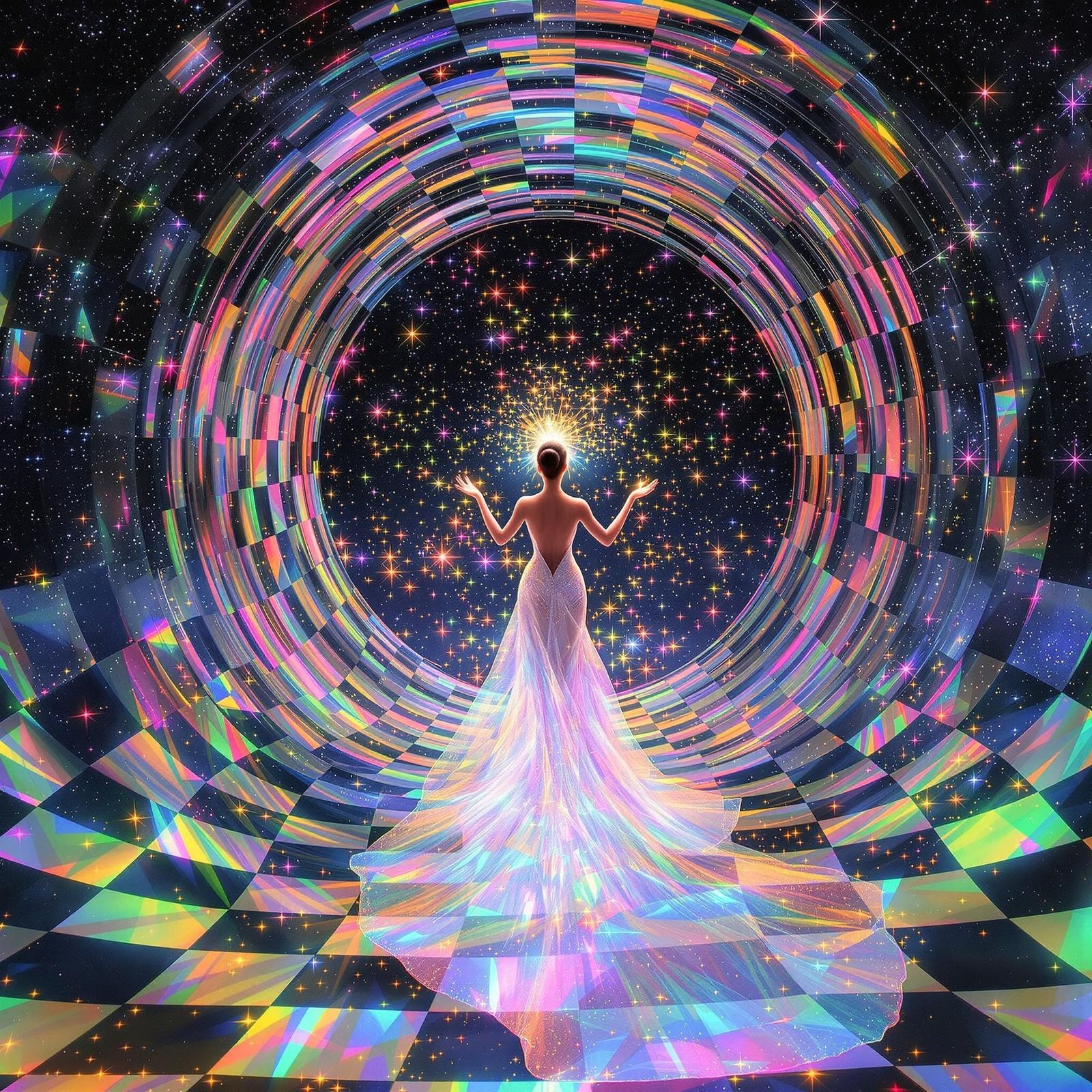 Ethereal Cosmic Goddess in Kaleidoscopic Tunnel